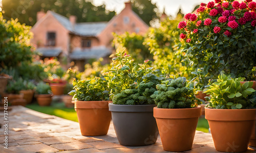 An array of terracotta flowerpots cradling an assortment of colorful flowers, captured with a shallow depth of field © karandaev