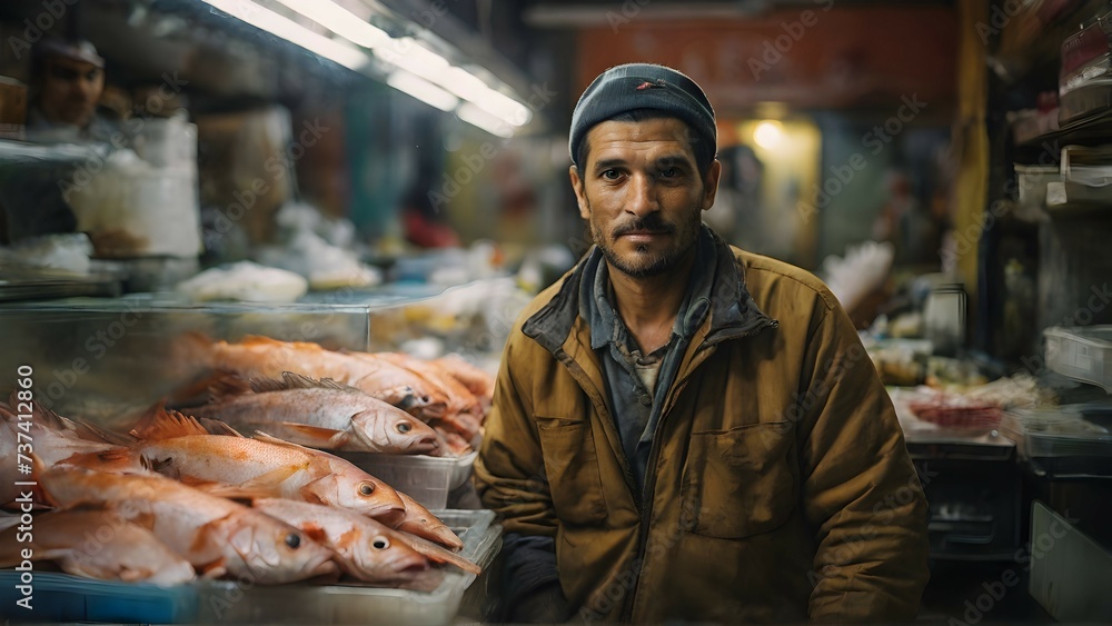fish seller, behind his counter, looking at the camera
