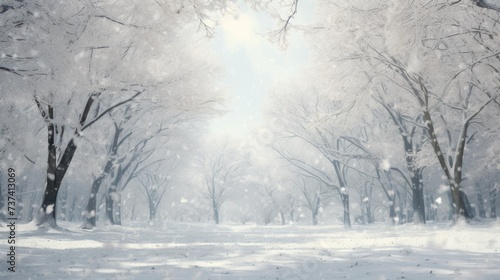 a painting of a snowy park with trees and snow falling on the ground and snow falling on the ground and snow falling on the ground.