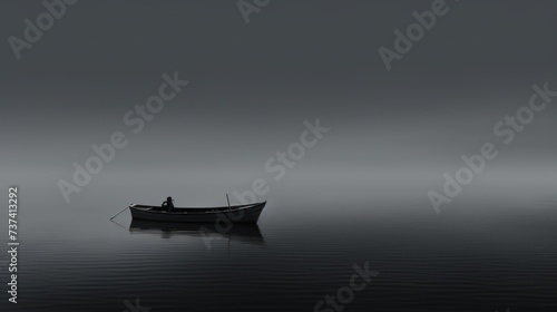 a black and white photo of a small boat in the middle of a body of water on a foggy day. photo