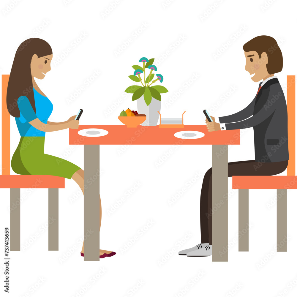 Couple using mobile phone chatting social media while having dinner in restaurant vector icon isolated on white