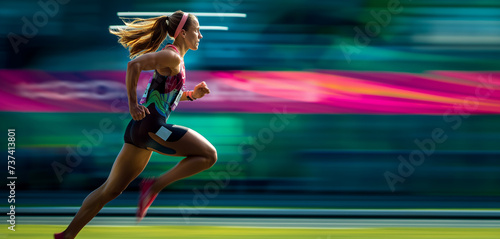 Speedy Female Athlete in Dynamic Running Action on Track. Fast-paced motion blur of a woman sprinting in stadium, vivid colors highlight athletic speed and energy.