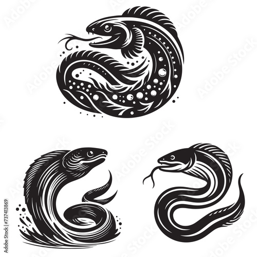 Vintage Retro Styled Vector European eel Silhouette Black and White - illustration