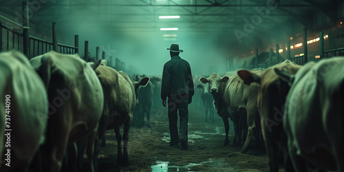 Cattle Farmer at Dusk. A lone cattle farmer stands amongst his herd in the eerie calm of a dimly lit barn, exuding a sense of quiet resolve and dedication to his livestock. photo