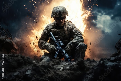 American Military Army Soldier Closeup Portrait of Warrior Face with Copy Space.Stern look warrior with scars on his face, eyes looking at the camera. Close-up of brave angry fighter game wallpaper, 