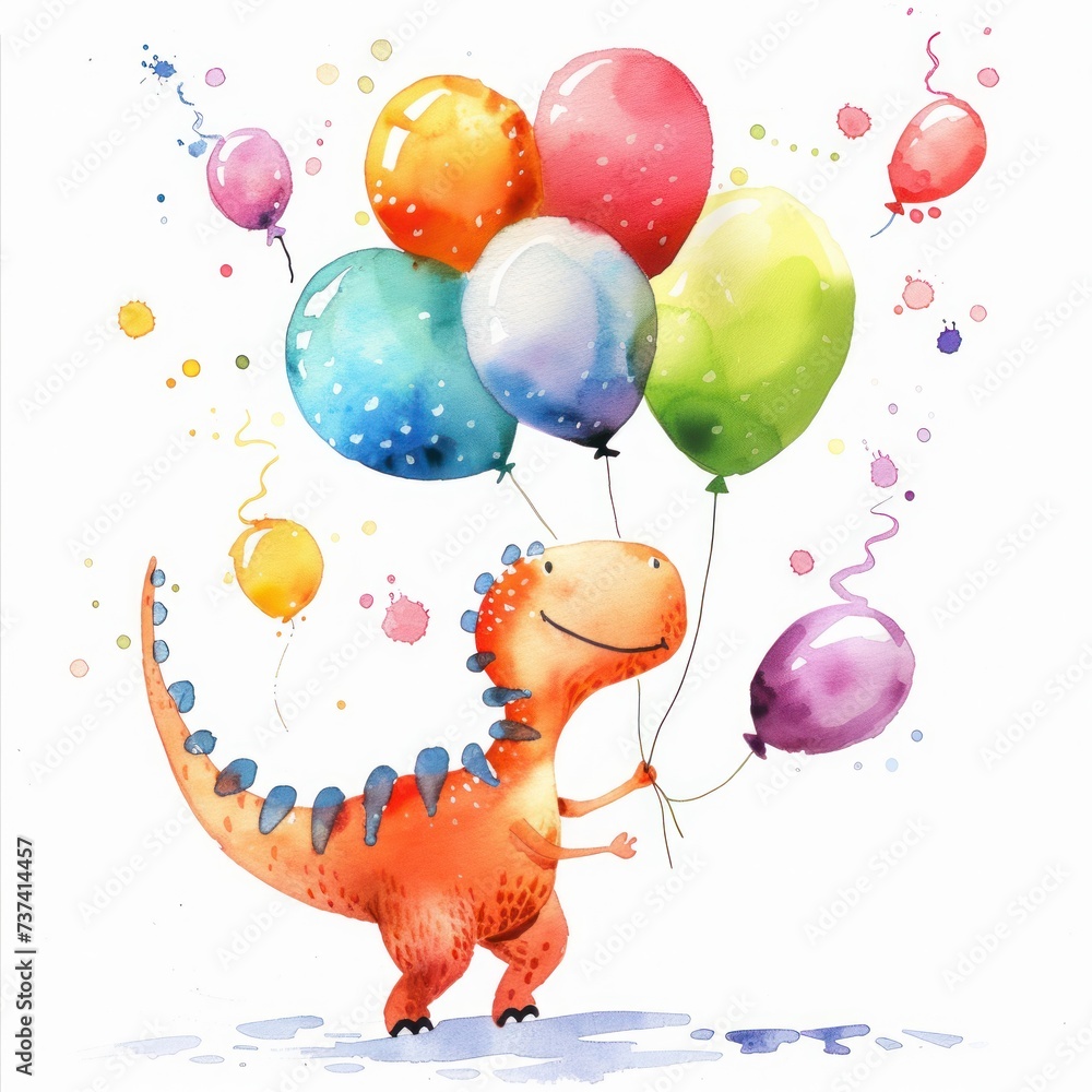 Joyful Dinosaur with Colorful Balloons - obrazy, fototapety, plakaty 
