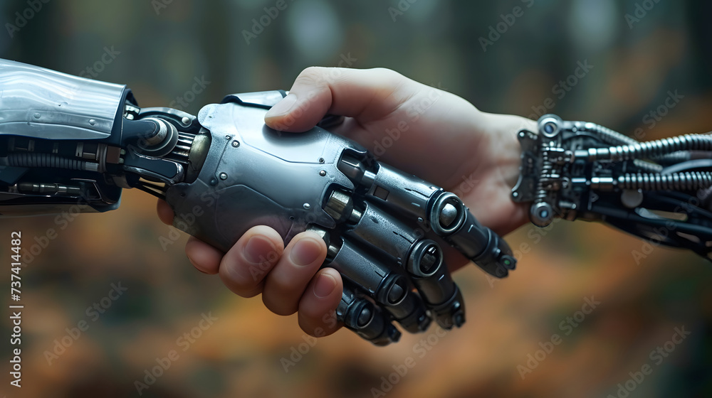 A robot hand in a suit is shaking hands with a human hand. A robot hand in a suit is shaking hands with a human hand.