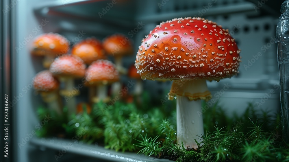 fly agaric inside an empty refrigerator. Generative AI fly agaric inside an empty refrigerator. Generative AI