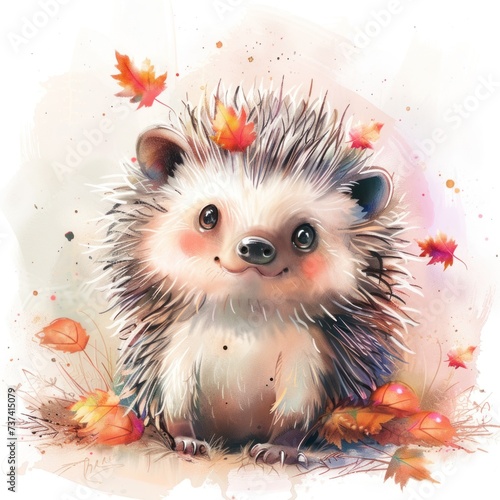 Adorable hedgehog with fall leaves in a watercolor style