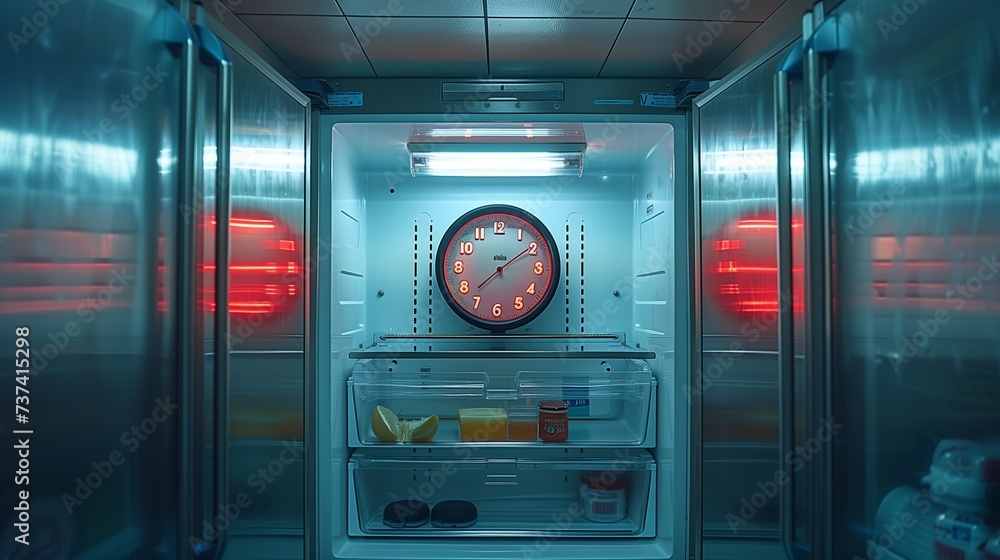 alarm clock inside an empty refrigerator. Generative AI - obrazy, fototapety, plakaty 