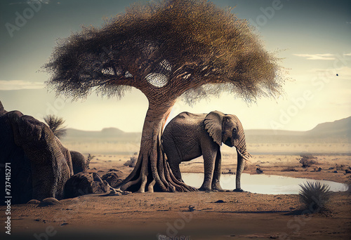 An elephant seeks shade beneath a solitary tree amidst the desert