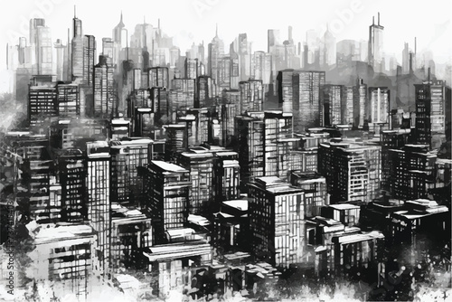 Illustration of an aerial view of a fictional modern city with skyscrapers and street. Modern cityscape seamless pattern. Illustration with architecture, skyscrapers, megapolis buildings downtown. 