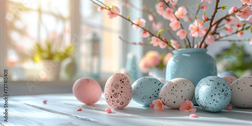 Pastel Easter eggs adorned with spring blossoms on a bright windowsill setting. photo