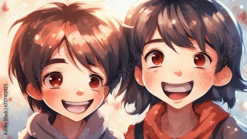 A boy and a girl laughing anime-style illustration.