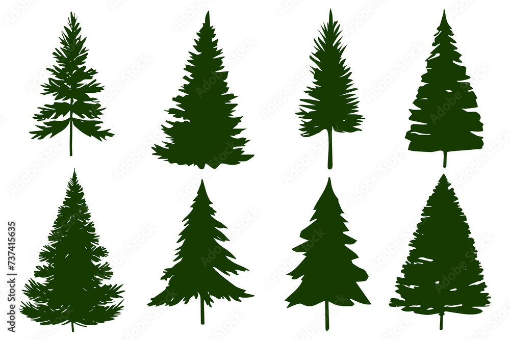 Set of green silhouette christmas tree isolated on white background
