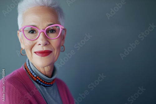 Fashionable elegant elderly lady in pink glasses