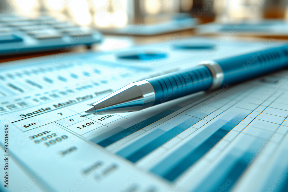 Financial blueprint, a close-up of a financial report and pen, symbolizing the meticulous analysis behind business success Financial blueprint, a close-up of a financial report and pen, symbolizing the meticulous analysis behind business success