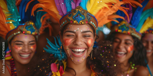 Carnival Joy: Radiant Smiles and Vibrant Costumes. Group of friends enjoying a carnival, adorned with festive headgear, face paint, and joyous smiles.