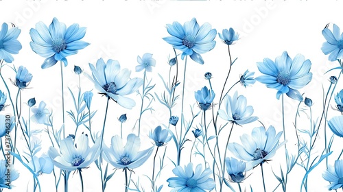 delicate blue flower garden in a seamless pattern, hand-drawn with artistic flair on an isolated white backdrop,