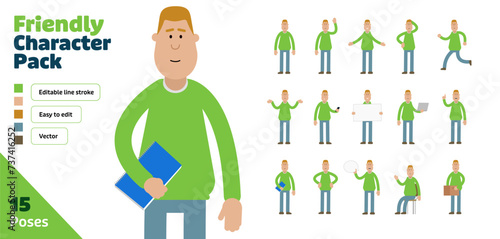 Simple flat male vector character in a set of multiple poses. Easy to edit and isolated on a white background. Modern trendy style character mega pack with lots of poses.