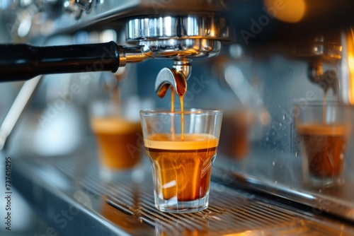 Espresso pouring from coffee machine at cafe