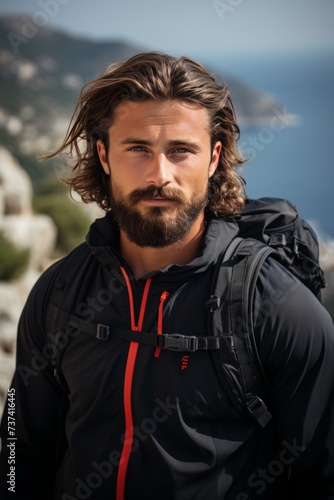 A young bearded man travels in the mountains with a backpack, behind the rocks and the sea