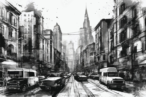 Sketch urban city illustration with cars in the foreground. A view of a city with buildings  cars and Streets. Scene street illustration. Illustration with architecture  Buildings and roads.          
