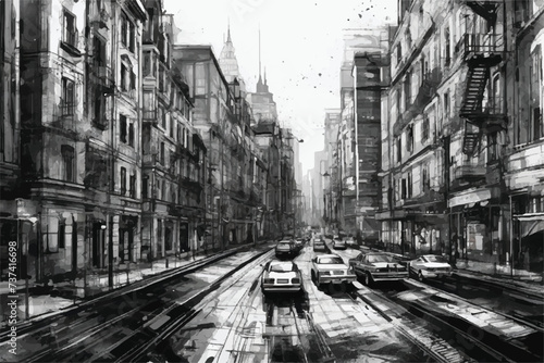 Sketch urban city illustration with cars in the foreground. A view of a city with buildings  cars and Streets. Scene street illustration. Illustration with architecture  Buildings and roads.          