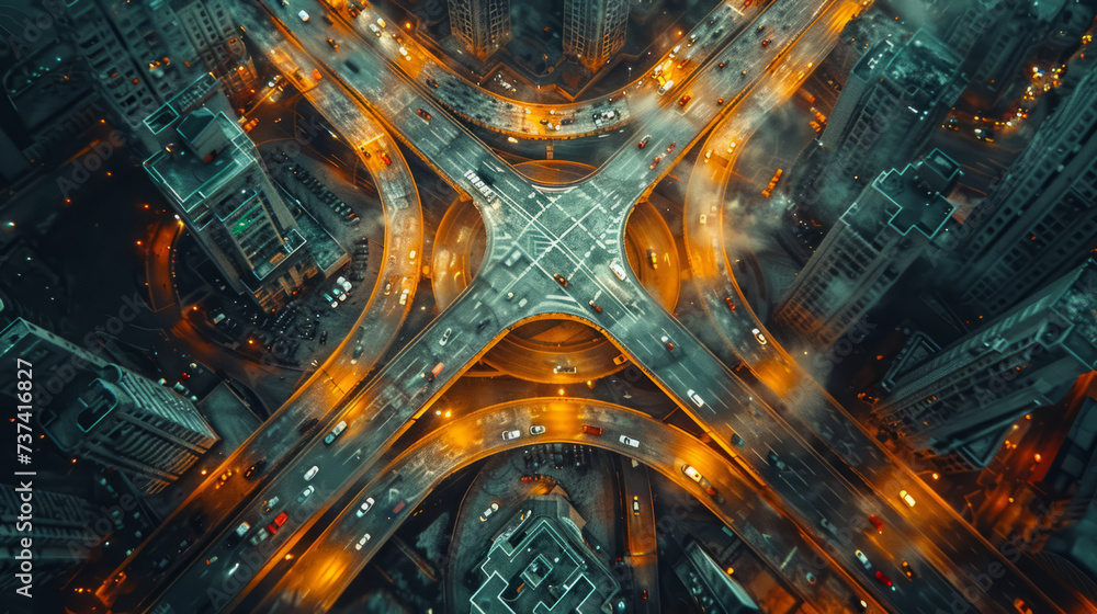 Arial top view of Modern transportation with Expressway, Road and Roundabout, multilevel junction highway-Top view. Important infrastructure.generative ai - obrazy, fototapety, plakaty 