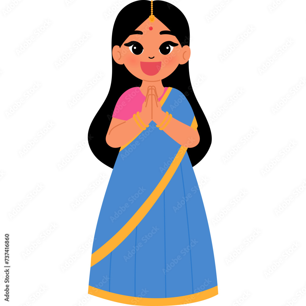 Happy cute Indian girl in traditional costume namaste cartoon illustration Happy cute Indian girl in traditional costume namaste cartoon illustration