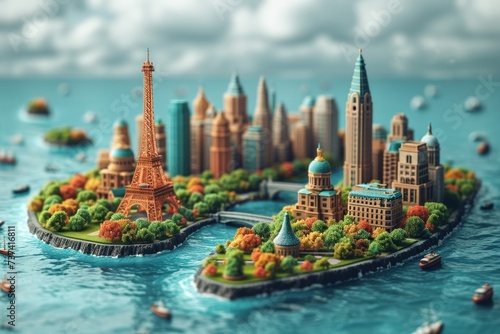 The concept of a round-the-world trip with luggage. A city on an island . 3d illustration photo