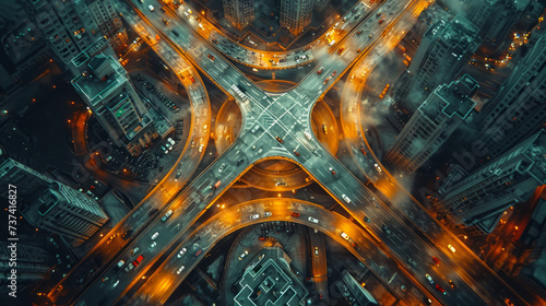 Arial top view of Modern transportation with Expressway, Road and Roundabout, multilevel junction highway-Top view. Important infrastructure.generative ai © JKLoma