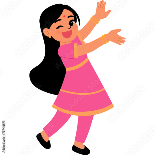Happy cute Indian girl in traditional costume cartoon illustration