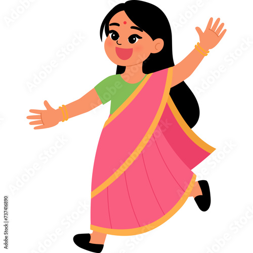 Happy cute Indian girl in traditional costume running cartoon illustration