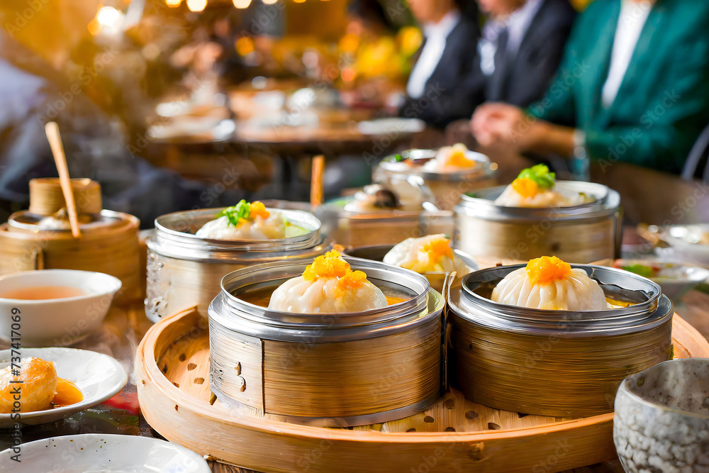 A variety of delicious dim sum in bamboo steamers, showcasing culinary diversity