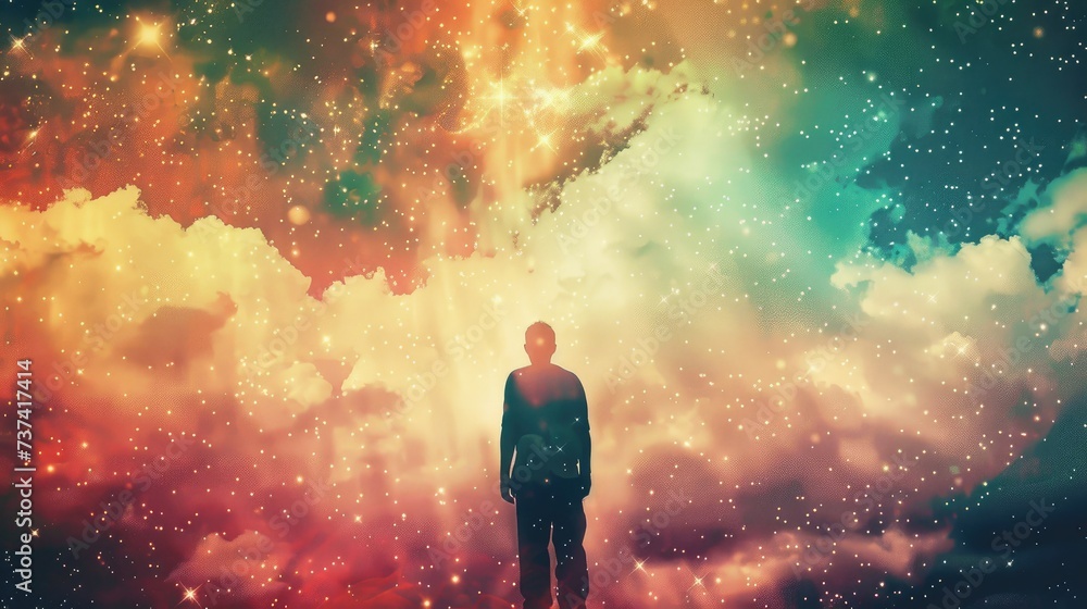 Silhouette of praying man against composite image of starry sky. Worship. Silhouette of praying man against composite image of starry sky. Worship.