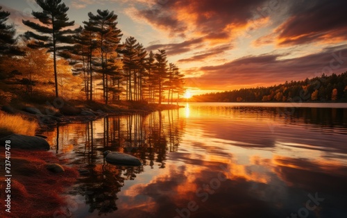 A beautiful sunset casting warm orange hues over a calm lake surrounded by trees and rocks.