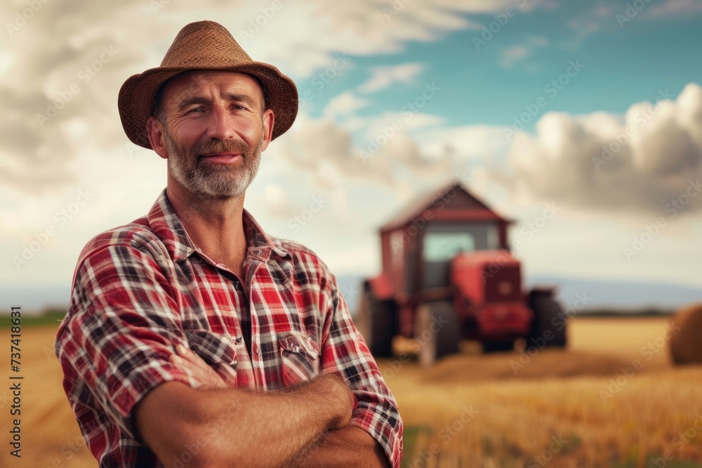 Obraz premium Midl-aged farmer standing with arms crossed in his field wearing blue overalls with a tractor and a plough in the background. Businessman farmer man with arms crossed smiling looking at the camera