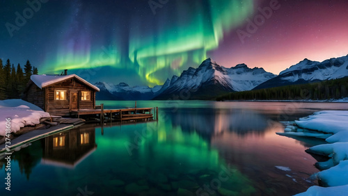 Night landscape scenery with aurora borealis and milky way over mountains and wooden house by the lake, background, wallpaper