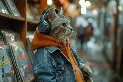 A cat with headphones in a music store