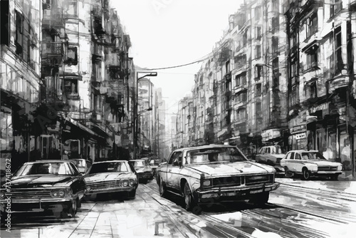 Sketch urban city illustration with cars in the foreground. A view of a city with buildings, cars and Streets. Scene street illustration. Illustration with architecture, Buildings and roads. 