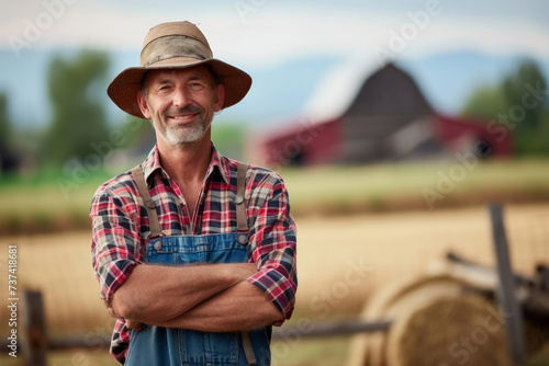 Midl-aged farmer standing with arms crossed in his field wearing blue overalls with a tractor and a plough in the background. Businessman farmer man with arms crossed smiling looking at the camera 