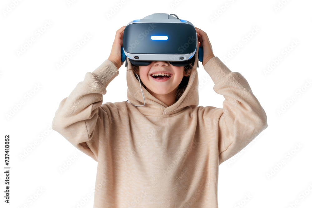 Portrait of young kid wearing VR glasses experience isolated on transparent background, virtual reality world, technology futuristic. Portrait of young kid wearing VR glasses experience isolated on transparent background, virtual reality world, technology futuristic.
