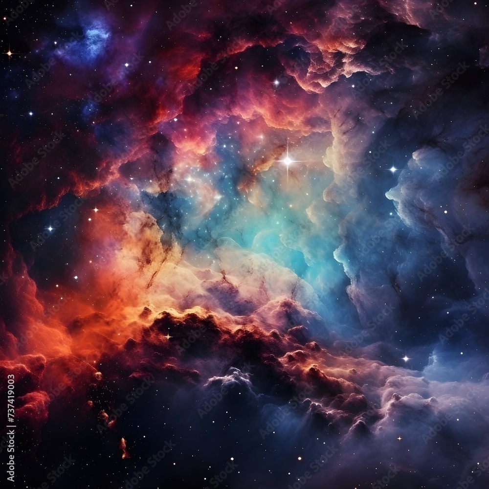 Fototapeta premium Cosmic Odyssey: Colourful Cosmos Background with Space and Cosmic Dust, Hand Edited Generative AI