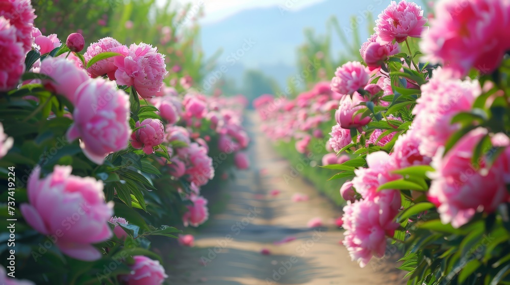 Obraz premium The pink peony plantation embodies the concept of the Peony Festival in China. 