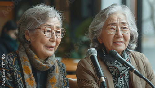 two Asian Chinese Senior womans doing a potcast in white living room,generative ai photo