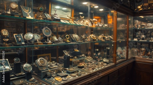 A pawn shop display case filled with various things, including antiques, jewelry, or simply things that have lost their meaning for their owners, but retain their value for others. photo