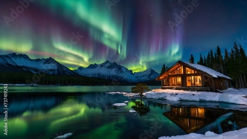 Night landscape scenery with aurora borealis and milky way over mountains and wooden house by the lake, background, wallpaper