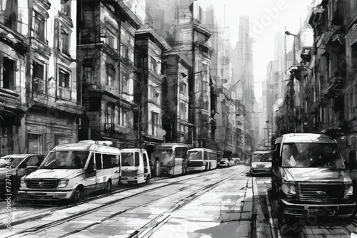 Sketch urban city illustration with cars in the foreground. A view of a city with buildings, cars and Streets. Scene street illustration. Illustration with architecture, Buildings and roads.           © Usama
