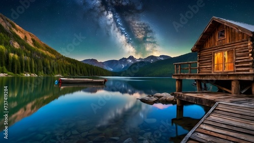 Night landscape scenery with milky way over mountains and wooden house by the lake, background, wallpaper © Karlo